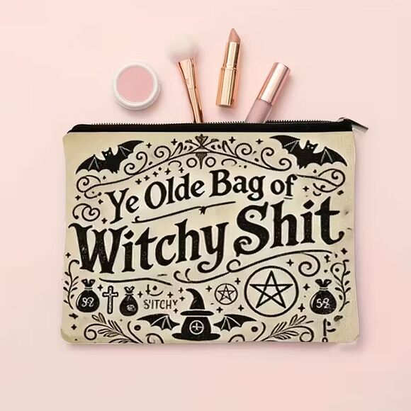 Witch Pentagram Ye Olde Bag of Witchy Stuff Double-Sided Zipper Makeup Pouch - Picture 1 of 4